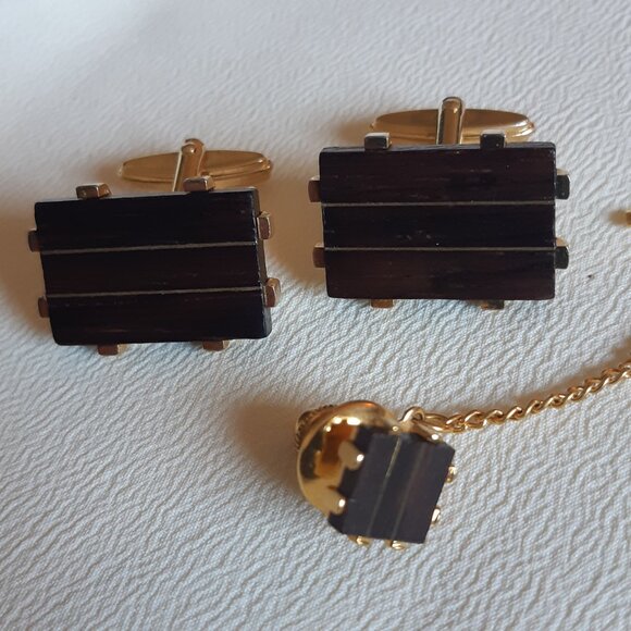 Vintage 1960s Wood Inlay Cuff Link & Tie Tack Set Gold Tone - Picture 4 of 8